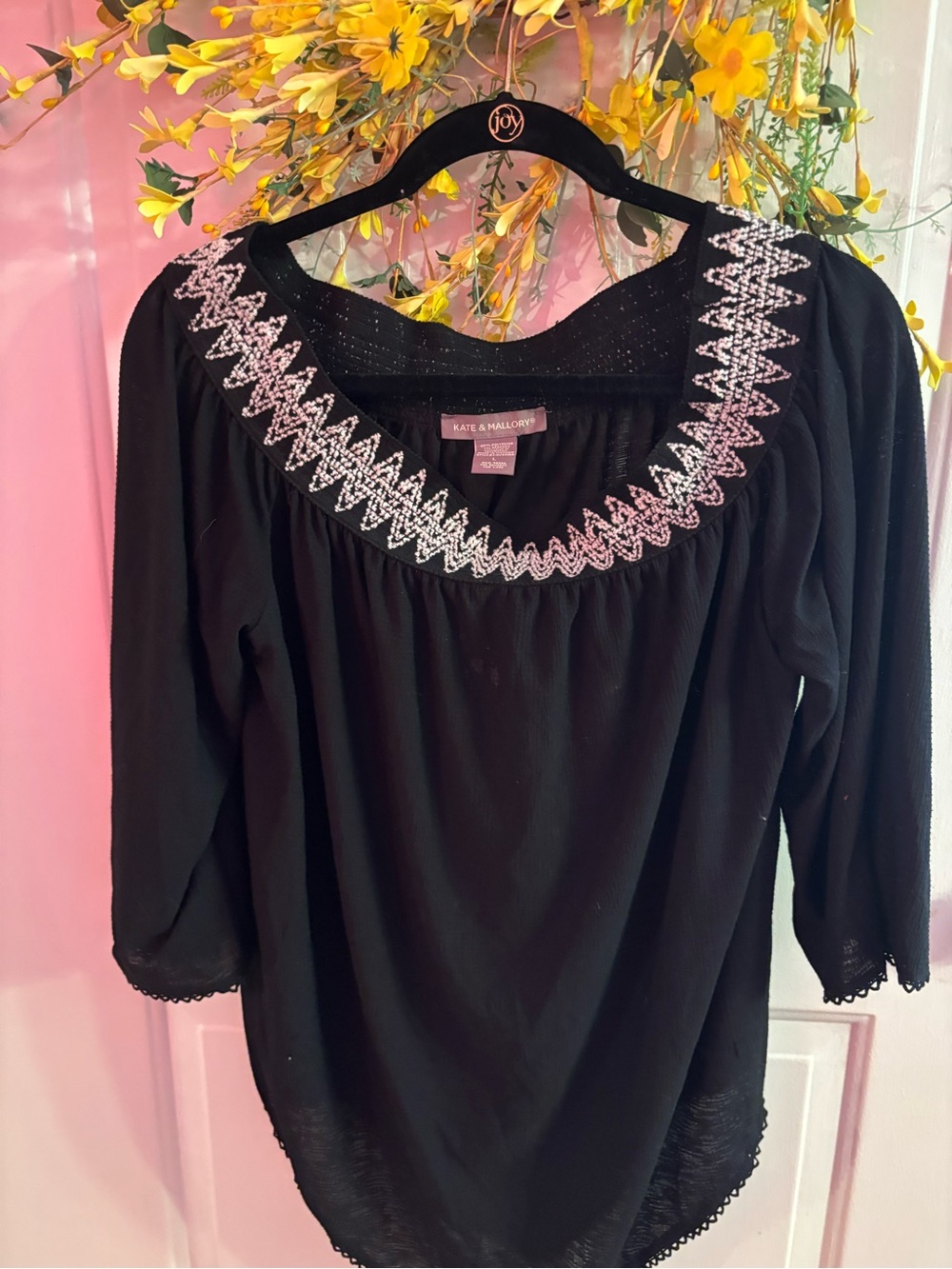 Kate & Mallory Black Top with White Zigzag Embroidery
